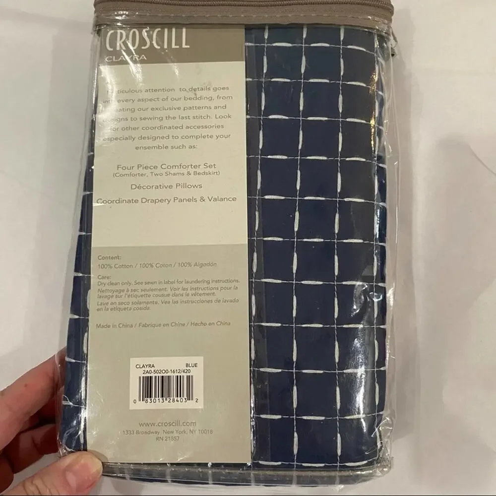 CROSCILL PILLOW Sham Navy Clayra Euro EUROPEAN square 26x26 windowpane